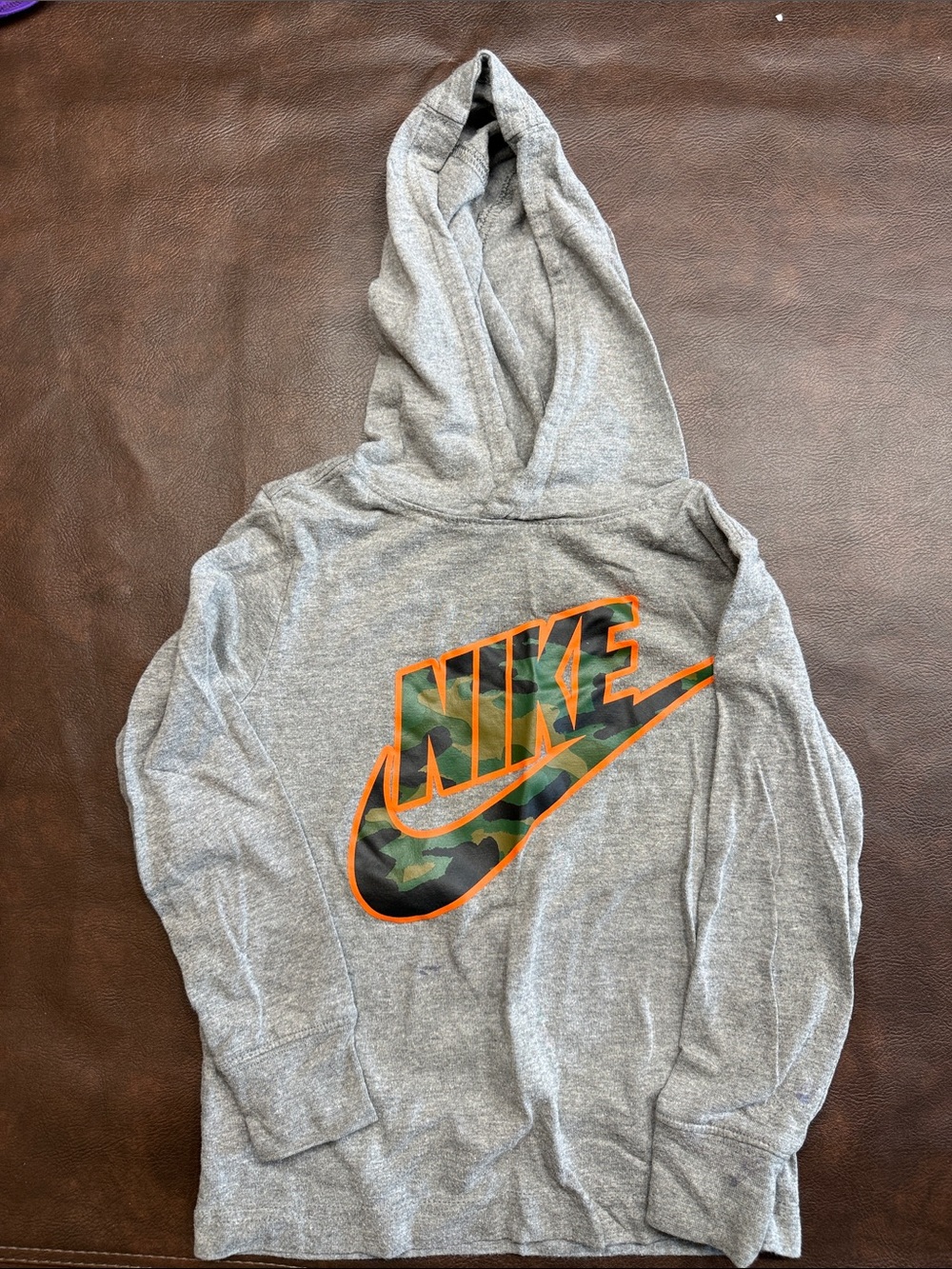 Nike Grey Hoodie with Camo Swoosh and Orange Trim